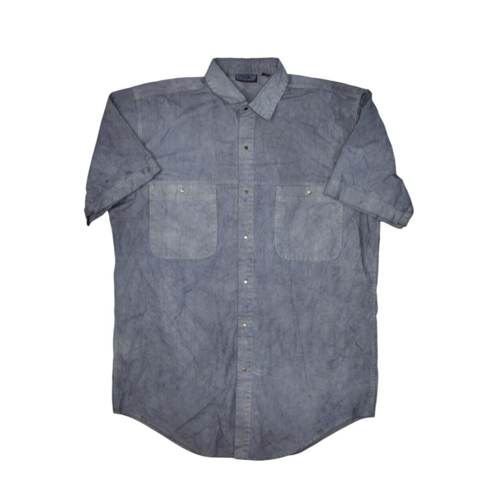 Patagonia Shirt Mens Medium Snap Button Short Sleeve Indigo Wash Tie Dyed